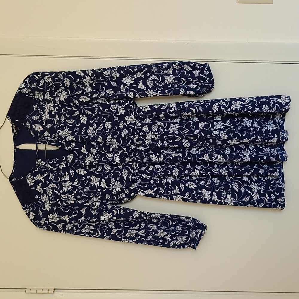 Express Blue and White Floral Long Sleeve Dress - Picture 8 of 8